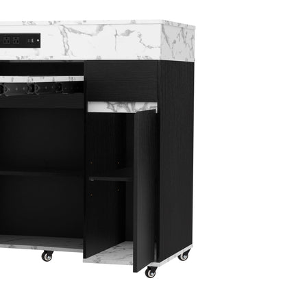 TREXM Extendable Dining Table with Extra - Long Folding Top, Rolling Kitchen Island with Drawers, Power Outlet and Brake lock, Storage Cabinet for Kitchen and Dining Room (Black + Marble White) - 1st Choice Furniture Direct