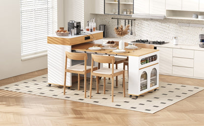 TREXM Extendable Dining Table with Extra - Long Folding Top, Rolling Kitchen Island with Drawers, Power Outlet and Brake lock, Storage Cabinet for Kitchen and Dining Room (Natural + Creamy White) - 1st Choice Furniture Direct