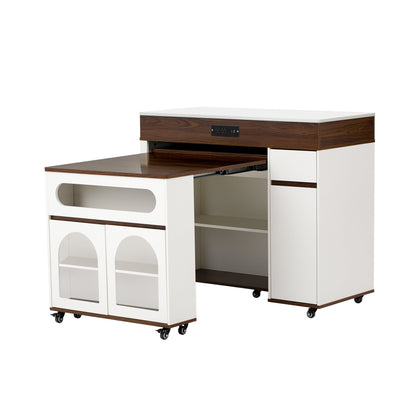 TREXM Extendable Dining Table with Extra - Long Folding Top, Rolling Kitchen Island with Drawers, Power Outlet and Brake lock, Storage Cabinet for Kitchen and Dining Room (Walnut + Creamy White) - 1st Choice Furniture Direct