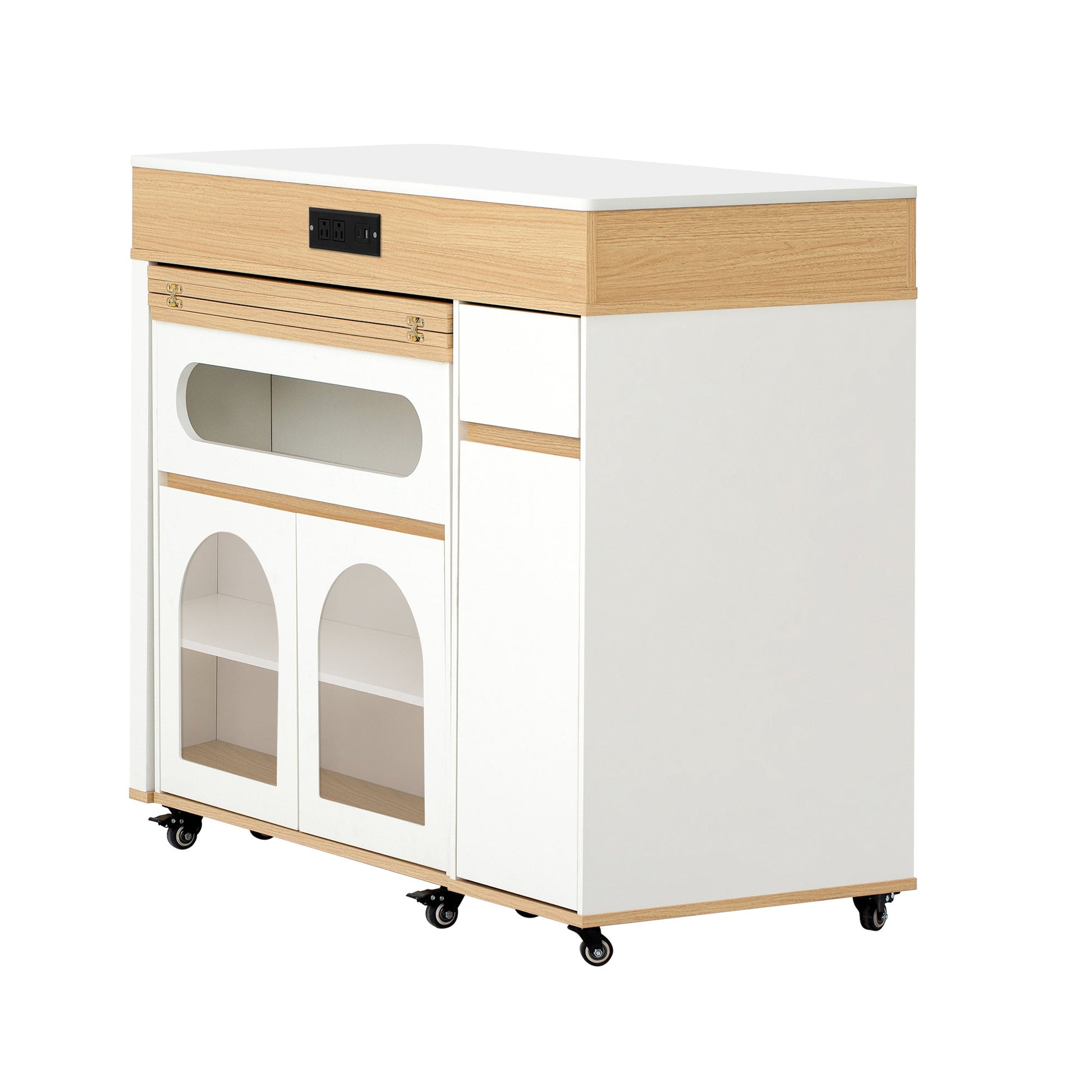TREXM Extendable Dining Table with Extra - Long Folding Top, Rolling Kitchen Island with Drawers, Power Outlet and Brake lock, Storage Cabinet for Kitchen and Dining Room (Natural + Creamy White) - 1st Choice Furniture Direct