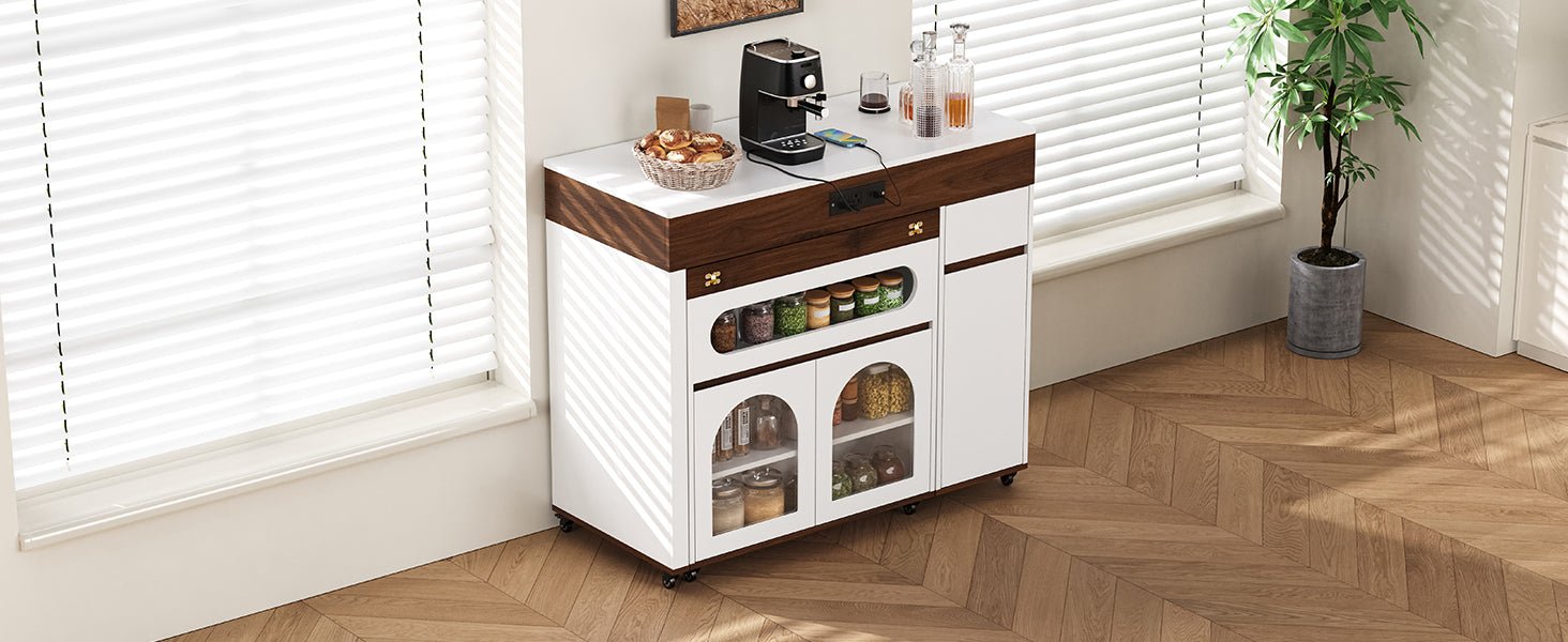 TREXM Extendable Dining Table with Extra - Long Folding Top, Rolling Kitchen Island with Drawers, Power Outlet and Brake lock, Storage Cabinet for Kitchen and Dining Room (Walnut + Creamy White) - 1st Choice Furniture Direct