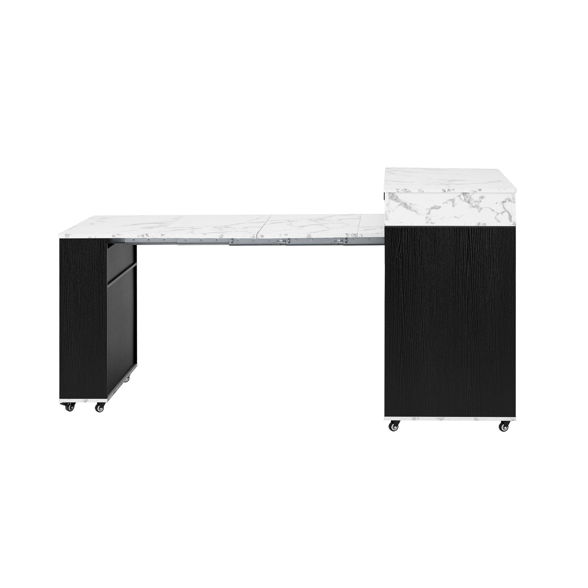 TREXM Extendable Dining Table with Extra - Long Folding Top, Rolling Kitchen Island with Drawers, Power Outlet and Brake lock, Storage Cabinet for Kitchen and Dining Room (Black + Marble White) - 1st Choice Furniture Direct