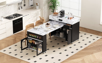 TREXM Extendable Dining Table with Extra - Long Folding Top, Rolling Kitchen Island with Drawers, Power Outlet and Brake lock, Storage Cabinet for Kitchen and Dining Room (Black + Marble White) - 1st Choice Furniture Direct