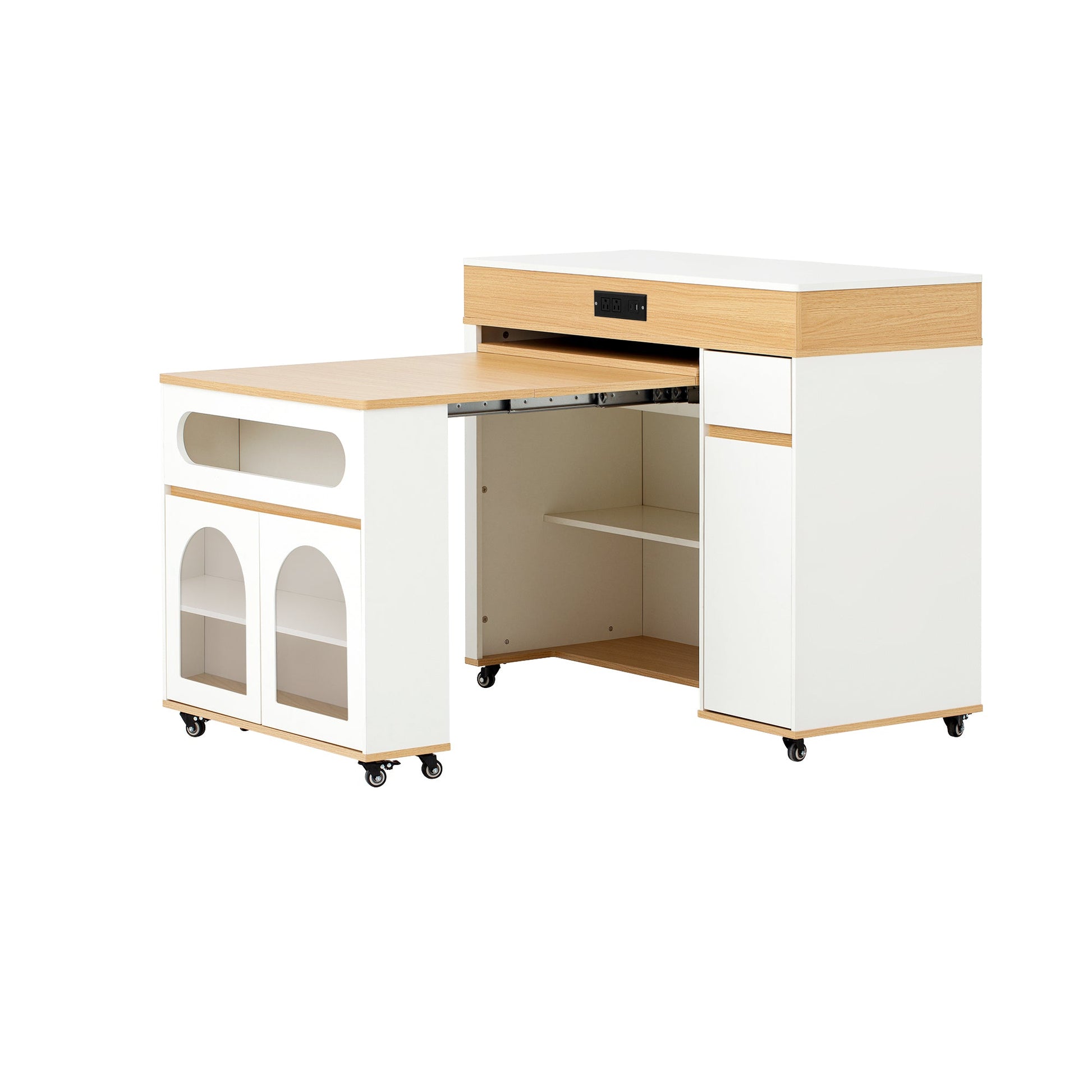 TREXM Extendable Dining Table with Extra - Long Folding Top, Rolling Kitchen Island with Drawers, Power Outlet and Brake lock, Storage Cabinet for Kitchen and Dining Room (Natural + Creamy White) - 1st Choice Furniture Direct