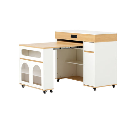 TREXM Extendable Dining Table with Extra - Long Folding Top, Rolling Kitchen Island with Drawers, Power Outlet and Brake lock, Storage Cabinet for Kitchen and Dining Room (Natural + Creamy White) - 1st Choice Furniture Direct