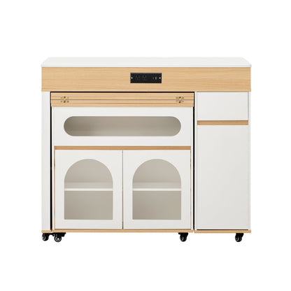 TREXM Extendable Dining Table with Extra - Long Folding Top, Rolling Kitchen Island with Drawers, Power Outlet and Brake lock, Storage Cabinet for Kitchen and Dining Room (Natural + Creamy White) - 1st Choice Furniture Direct