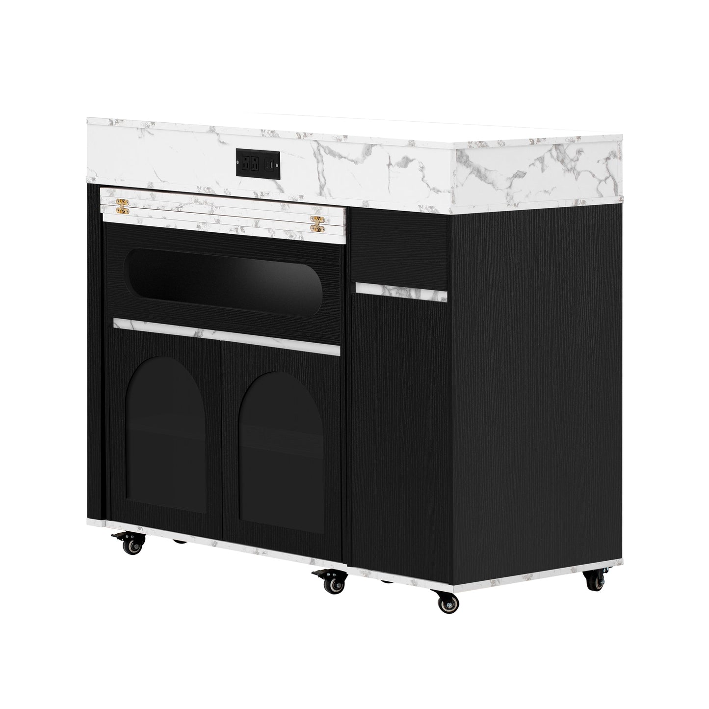 TREXM Extendable Dining Table with Extra - Long Folding Top, Rolling Kitchen Island with Drawers, Power Outlet and Brake lock, Storage Cabinet for Kitchen and Dining Room (Black + Marble White) - 1st Choice Furniture Direct