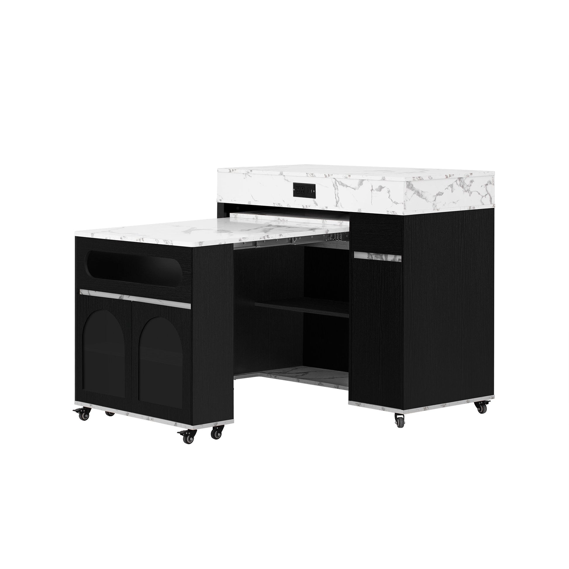 TREXM Extendable Dining Table with Extra - Long Folding Top, Rolling Kitchen Island with Drawers, Power Outlet and Brake lock, Storage Cabinet for Kitchen and Dining Room (Black + Marble White) - 1st Choice Furniture Direct