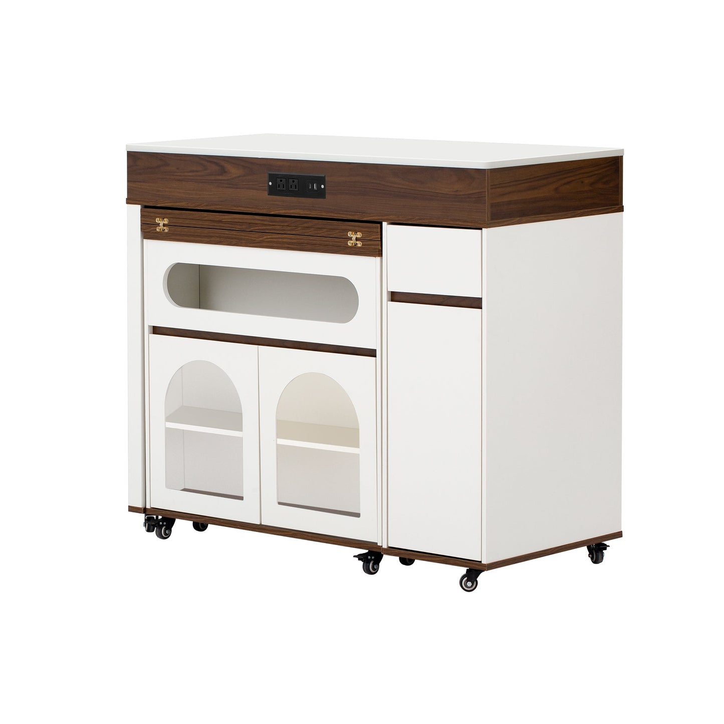 TREXM Extendable Dining Table with Extra - Long Folding Top, Rolling Kitchen Island with Drawers, Power Outlet and Brake lock, Storage Cabinet for Kitchen and Dining Room (Walnut + Creamy White) - 1st Choice Furniture Direct