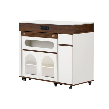 TREXM Extendable Dining Table with Extra - Long Folding Top, Rolling Kitchen Island with Drawers, Power Outlet and Brake lock, Storage Cabinet for Kitchen and Dining Room (Walnut + Creamy White) - 1st Choice Furniture Direct