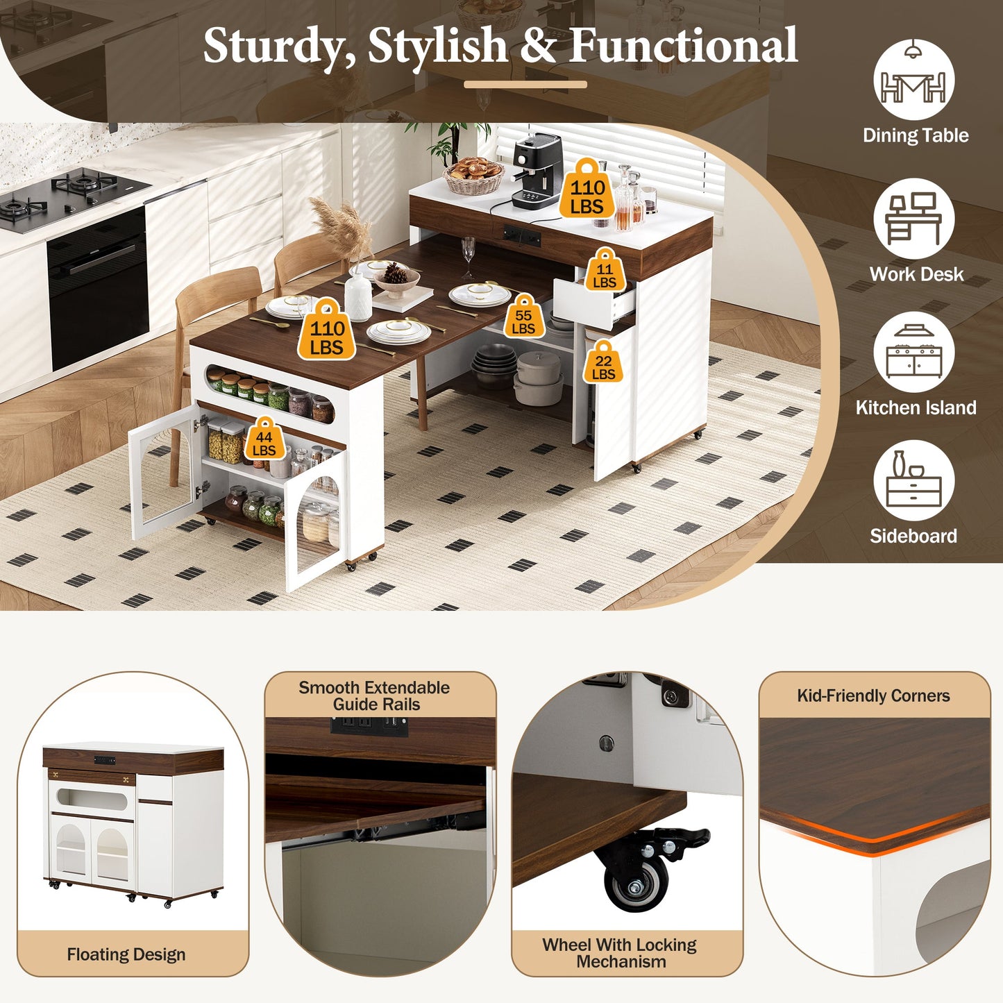 TREXM Extendable Dining Table with Extra - Long Folding Top, Rolling Kitchen Island with Drawers, Power Outlet and Brake lock, Storage Cabinet for Kitchen and Dining Room (Walnut + Creamy White) - 1st Choice Furniture Direct