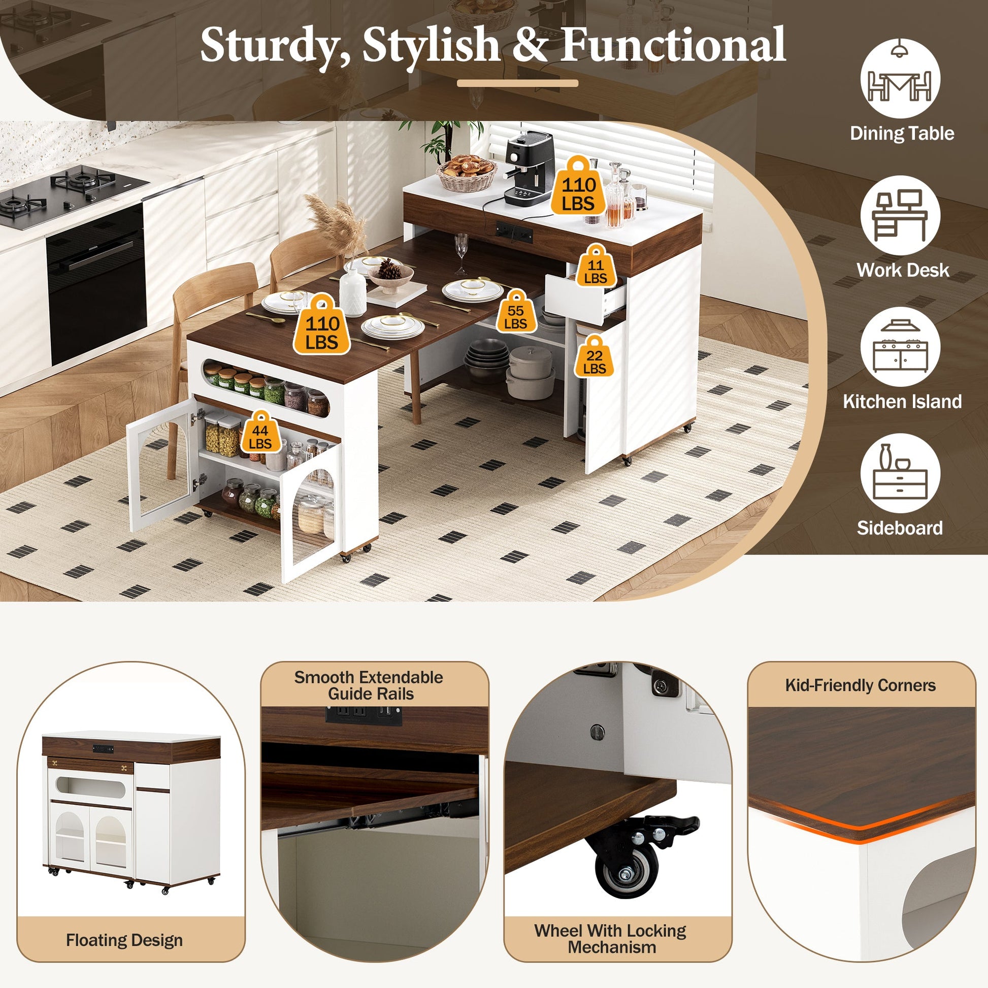 TREXM Extendable Dining Table with Extra - Long Folding Top, Rolling Kitchen Island with Drawers, Power Outlet and Brake lock, Storage Cabinet for Kitchen and Dining Room (Walnut + Creamy White) - 1st Choice Furniture Direct