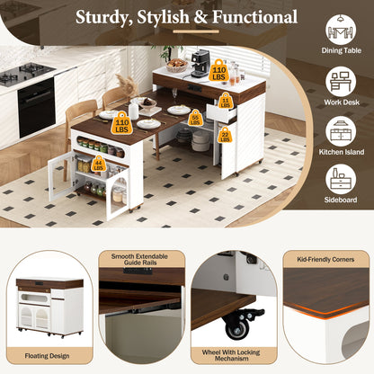 TREXM Extendable Dining Table with Extra - Long Folding Top, Rolling Kitchen Island with Drawers, Power Outlet and Brake lock, Storage Cabinet for Kitchen and Dining Room (Walnut + Creamy White) - 1st Choice Furniture Direct