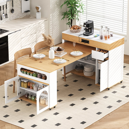 TREXM Extendable Dining Table with Extra - Long Folding Top, Rolling Kitchen Island with Drawers, Power Outlet and Brake lock, Storage Cabinet for Kitchen and Dining Room (Natural + Creamy White) - 1st Choice Furniture Direct