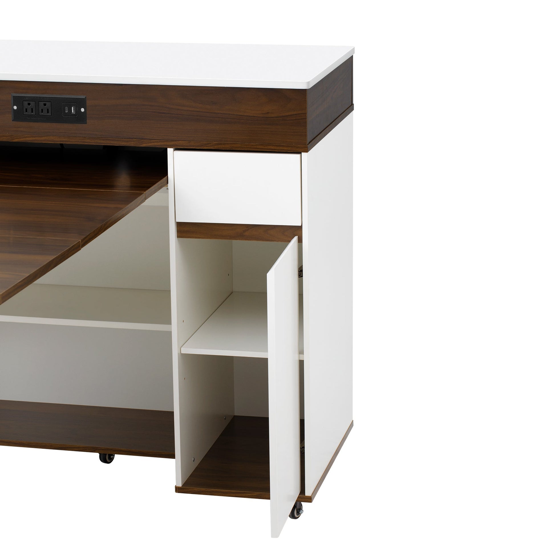 TREXM Extendable Dining Table with Extra - Long Folding Top, Rolling Kitchen Island with Drawers, Power Outlet and Brake lock, Storage Cabinet for Kitchen and Dining Room (Walnut + Creamy White) - 1st Choice Furniture Direct