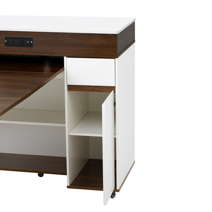 TREXM Extendable Dining Table with Extra - Long Folding Top, Rolling Kitchen Island with Drawers, Power Outlet and Brake lock, Storage Cabinet for Kitchen and Dining Room (Walnut + Creamy White) - 1st Choice Furniture Direct