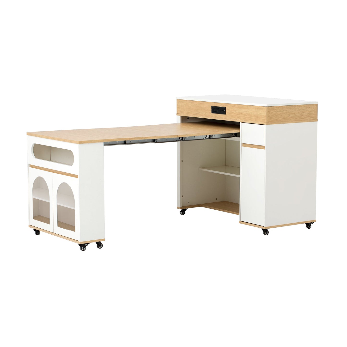 TREXM Extendable Dining Table with Extra - Long Folding Top, Rolling Kitchen Island with Drawers, Power Outlet and Brake lock, Storage Cabinet for Kitchen and Dining Room (Natural + Creamy White) - 1st Choice Furniture Direct