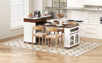 TREXM Extendable Dining Table with Extra - Long Folding Top, Rolling Kitchen Island with Drawers, Power Outlet and Brake lock, Storage Cabinet for Kitchen and Dining Room (Walnut + Creamy White) - 1st Choice Furniture Direct