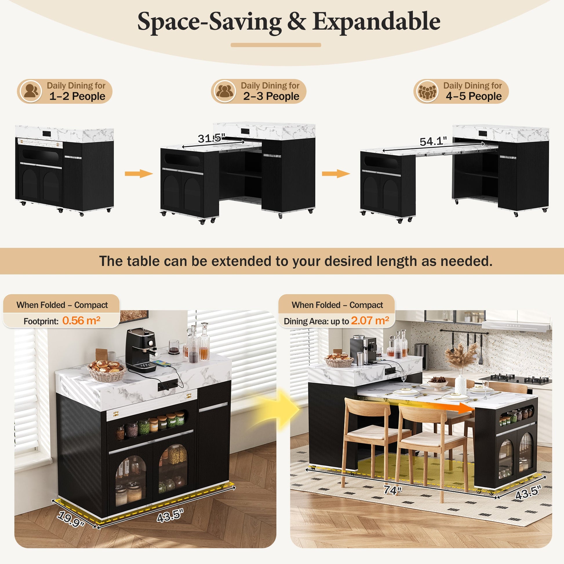 TREXM Extendable Dining Table with Extra - Long Folding Top, Rolling Kitchen Island with Drawers, Power Outlet and Brake lock, Storage Cabinet for Kitchen and Dining Room (Black + Marble White) - 1st Choice Furniture Direct