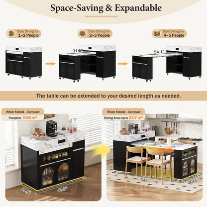 TREXM Extendable Dining Table with Extra - Long Folding Top, Rolling Kitchen Island with Drawers, Power Outlet and Brake lock, Storage Cabinet for Kitchen and Dining Room (Black + Marble White) - 1st Choice Furniture Direct