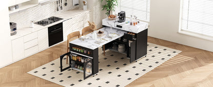 TREXM Extendable Dining Table with Extra - Long Folding Top, Rolling Kitchen Island with Drawers, Power Outlet and Brake lock, Storage Cabinet for Kitchen and Dining Room (Black + Marble White) - 1st Choice Furniture Direct