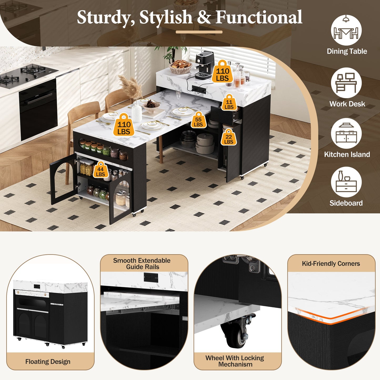 TREXM Extendable Dining Table with Extra - Long Folding Top, Rolling Kitchen Island with Drawers, Power Outlet and Brake lock, Storage Cabinet for Kitchen and Dining Room (Black + Marble White) - 1st Choice Furniture Direct