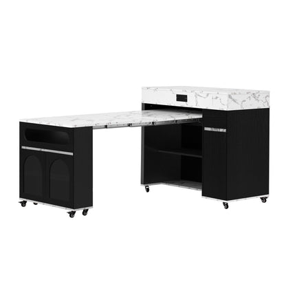TREXM Extendable Dining Table with Extra - Long Folding Top, Rolling Kitchen Island with Drawers, Power Outlet and Brake lock, Storage Cabinet for Kitchen and Dining Room (Black + Marble White) - 1st Choice Furniture Direct
