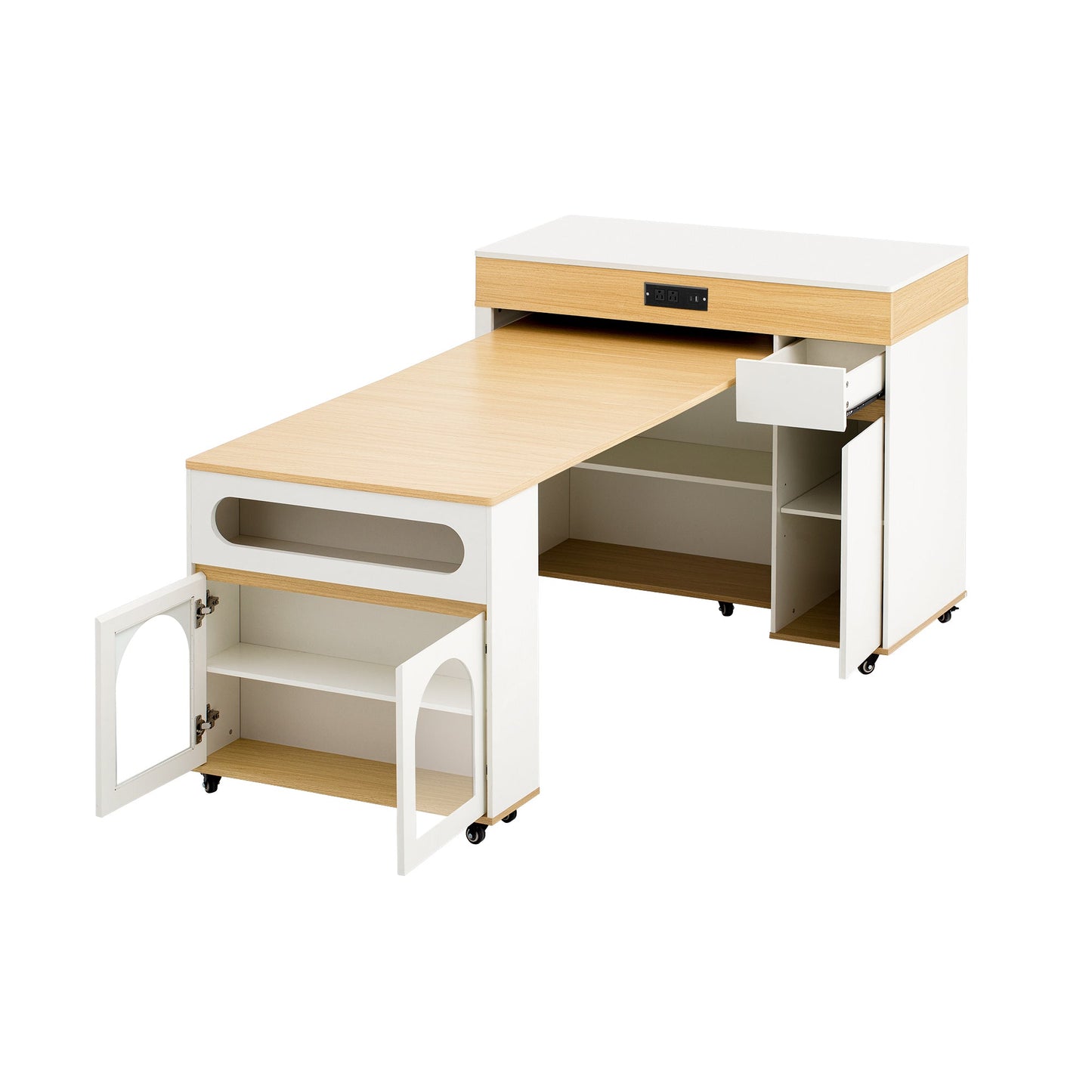TREXM Extendable Dining Table with Extra - Long Folding Top, Rolling Kitchen Island with Drawers, Power Outlet and Brake lock, Storage Cabinet for Kitchen and Dining Room (Natural + Creamy White) - 1st Choice Furniture Direct