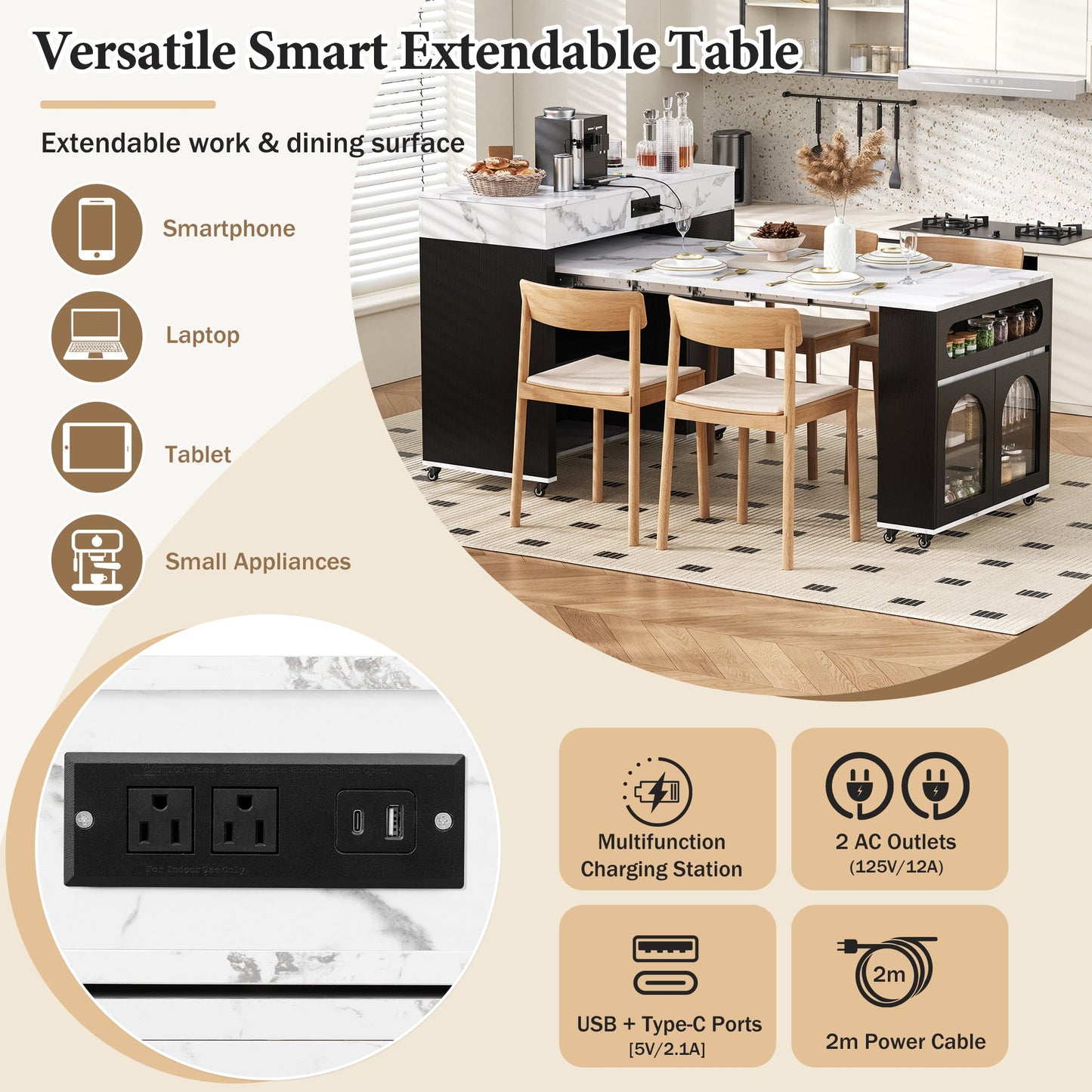 TREXM Extendable Dining Table with Extra - Long Folding Top, Rolling Kitchen Island with Drawers, Power Outlet and Brake lock, Storage Cabinet for Kitchen and Dining Room (Black + Marble White) - 1st Choice Furniture Direct