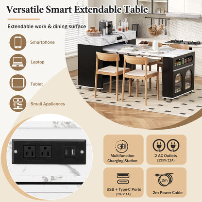 TREXM Extendable Dining Table with Extra - Long Folding Top, Rolling Kitchen Island with Drawers, Power Outlet and Brake lock, Storage Cabinet for Kitchen and Dining Room (Black + Marble White) - 1st Choice Furniture Direct