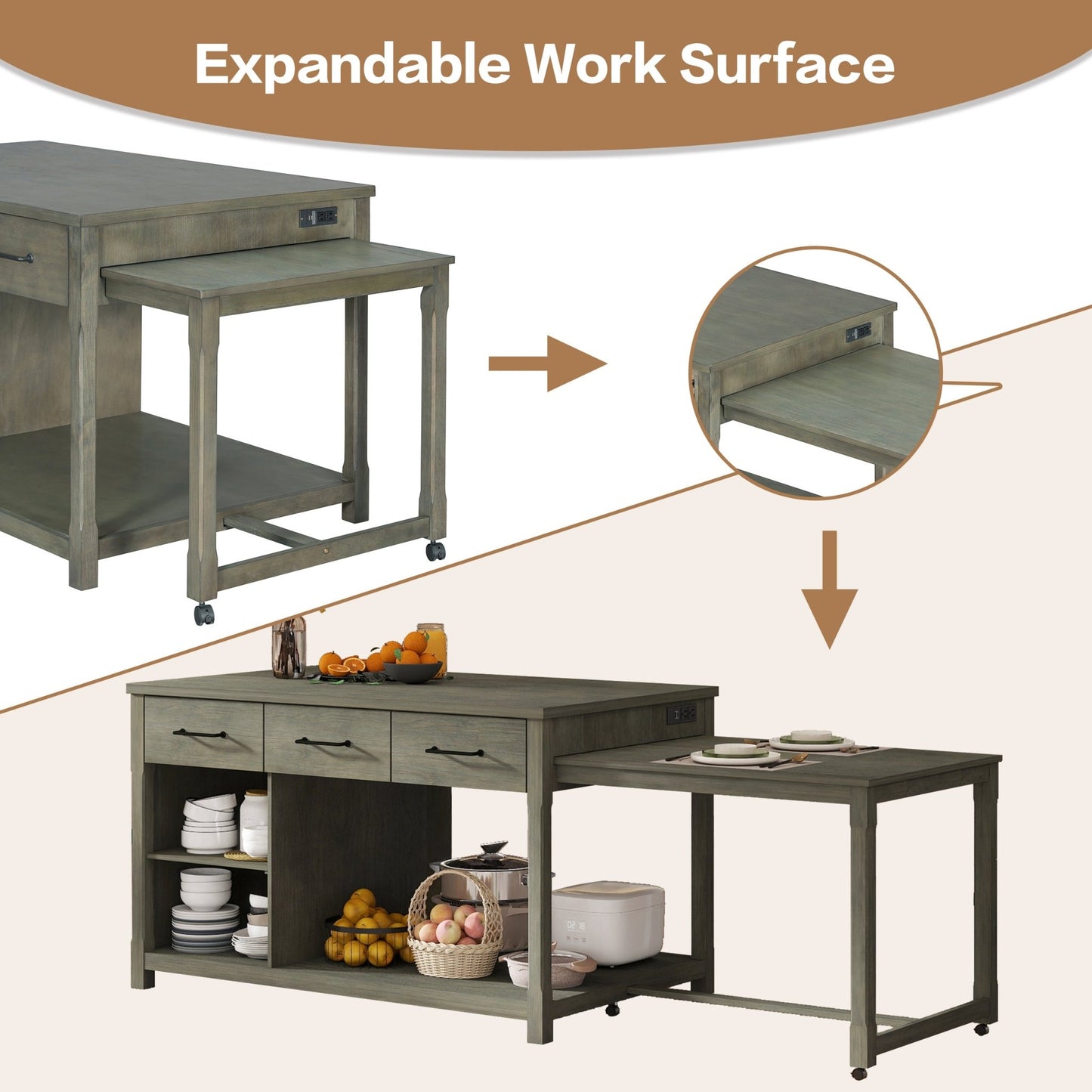 TREXM Extendable Kitchen Island with Storage, Multi - Functional Kitchen Cart with Built - In Power Outlets, Retro Kitchen Island on Wheels with Drawers and Open Shelves for Kitchen (Gray) - 1st Choice Furniture Direct