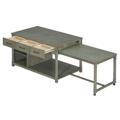 TREXM Extendable Kitchen Island with Storage, Multi - Functional Kitchen Cart with Built - In Power Outlets, Retro Kitchen Island on Wheels with Drawers and Open Shelves for Kitchen (Gray) - 1st Choice Furniture Direct