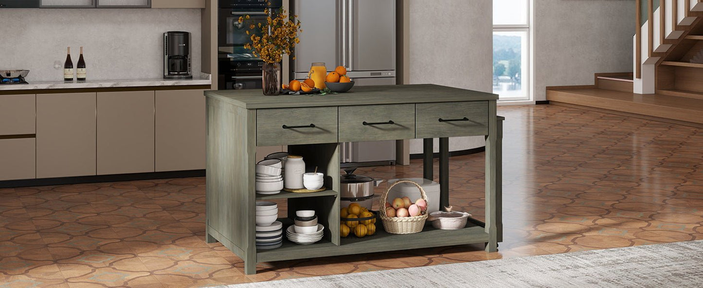 TREXM Extendable Kitchen Island with Storage, Multi - Functional Kitchen Cart with Built - In Power Outlets, Retro Kitchen Island on Wheels with Drawers and Open Shelves for Kitchen (Gray) - 1st Choice Furniture Direct