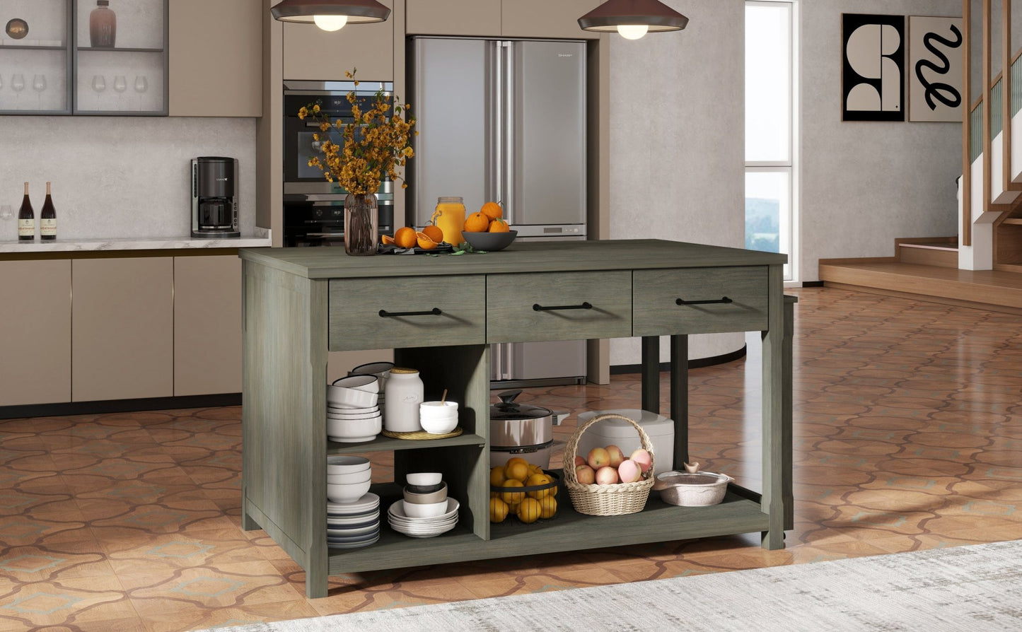 TREXM Extendable Kitchen Island with Storage, Multi - Functional Kitchen Cart with Built - In Power Outlets, Retro Kitchen Island on Wheels with Drawers and Open Shelves for Kitchen (Gray) - 1st Choice Furniture Direct