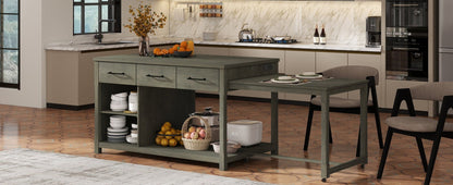 TREXM Extendable Kitchen Island with Storage, Multi - Functional Kitchen Cart with Built - In Power Outlets, Retro Kitchen Island on Wheels with Drawers and Open Shelves for Kitchen (Gray) - 1st Choice Furniture Direct