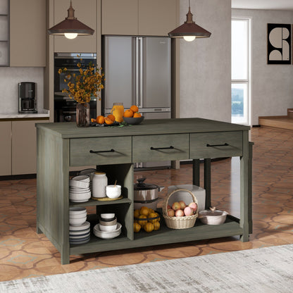 TREXM Extendable Kitchen Island with Storage, Multi - Functional Kitchen Cart with Built - In Power Outlets, Retro Kitchen Island on Wheels with Drawers and Open Shelves for Kitchen (Gray) - 1st Choice Furniture Direct