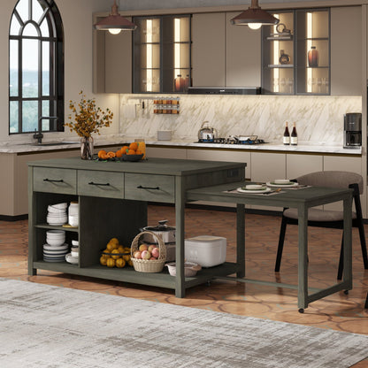 TREXM Extendable Kitchen Island with Storage, Multi - Functional Kitchen Cart with Built - In Power Outlets, Retro Kitchen Island on Wheels with Drawers and Open Shelves for Kitchen (Gray) - 1st Choice Furniture Direct