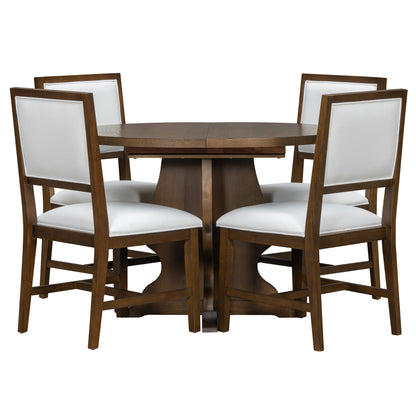 TREXM Farmhouse 5 - Piece Dining Table Set with 4 Upholstered Chairs, Wood Extendable Dining Table with 15.7' Leaf for Extra Seating for Dining Room, Kitchen and Living Room (Brown) - 1st Choice Furniture Direct