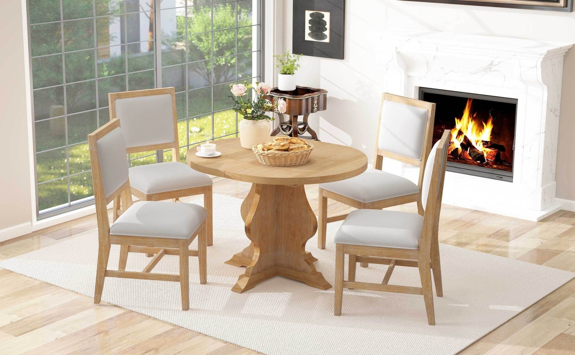 TREXM Farmhouse 5 - Piece Dining Table Set with 4 Upholstered Chairs, Wood Extendable Dining Table with 15.7' Leaf for Extra Seating for Dining Room, Kitchen and Living Room (Natural Wood Wash) - 1st Choice Furniture Direct