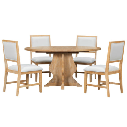 TREXM Farmhouse 5 - Piece Dining Table Set with 4 Upholstered Chairs, Wood Extendable Dining Table with 15.7' Leaf for Extra Seating for Dining Room, Kitchen and Living Room (Natural Wood Wash) - 1st Choice Furniture Direct