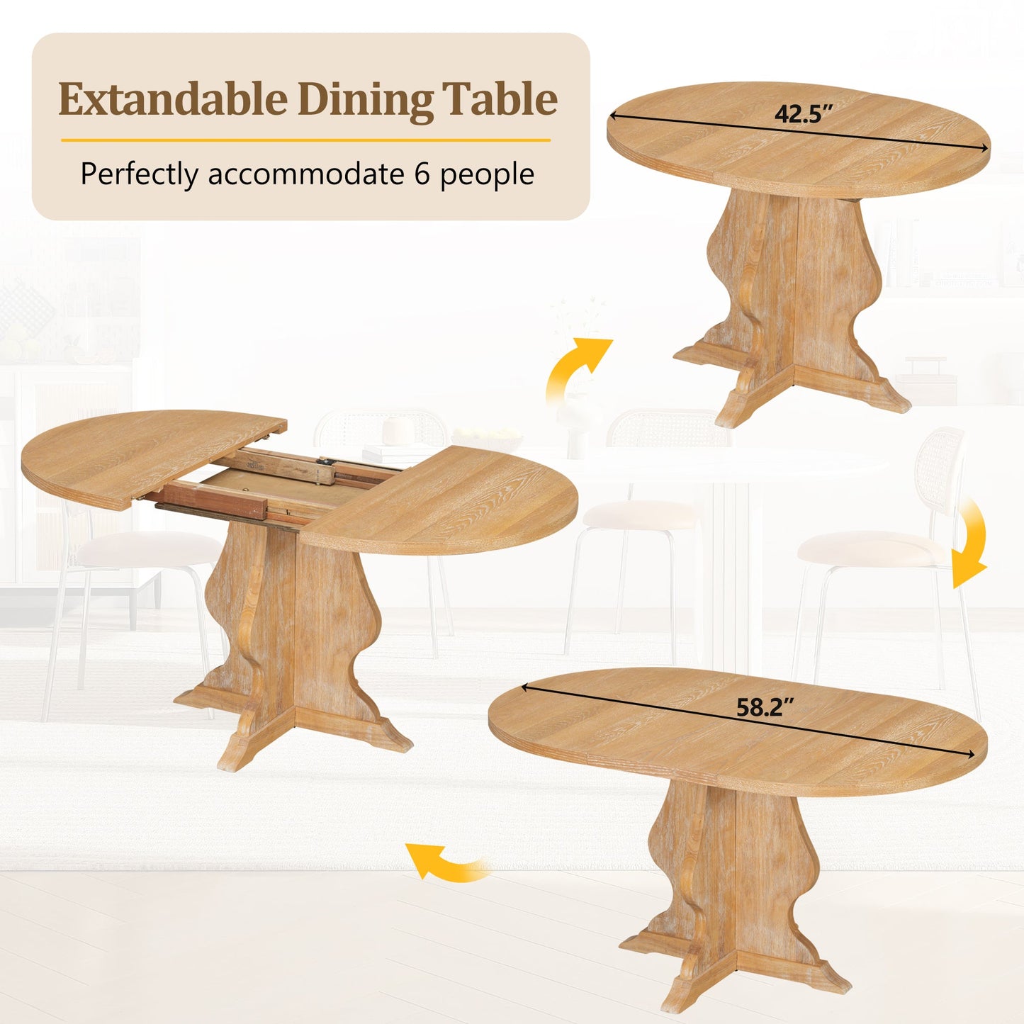 TREXM Farmhouse 5 - Piece Dining Table Set with 4 Upholstered Chairs, Wood Extendable Dining Table with 15.7' Leaf for Extra Seating for Dining Room, Kitchen and Living Room (Natural Wood Wash) - 1st Choice Furniture Direct