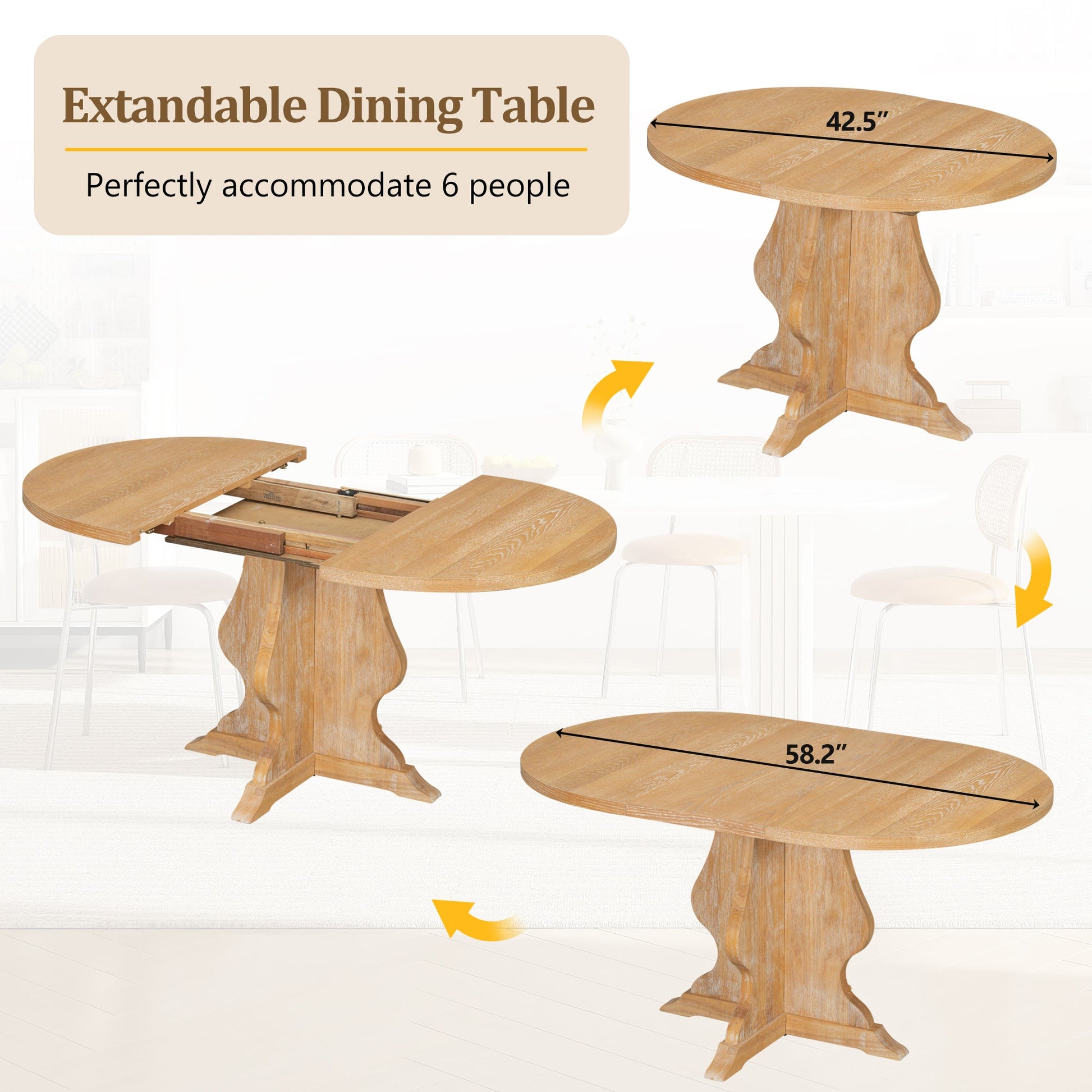 TREXM Farmhouse 5 - Piece Dining Table Set with 4 Upholstered Chairs, Wood Extendable Dining Table with 15.7' Leaf for Extra Seating for Dining Room, Kitchen and Living Room (Natural Wood Wash) - 1st Choice Furniture Direct