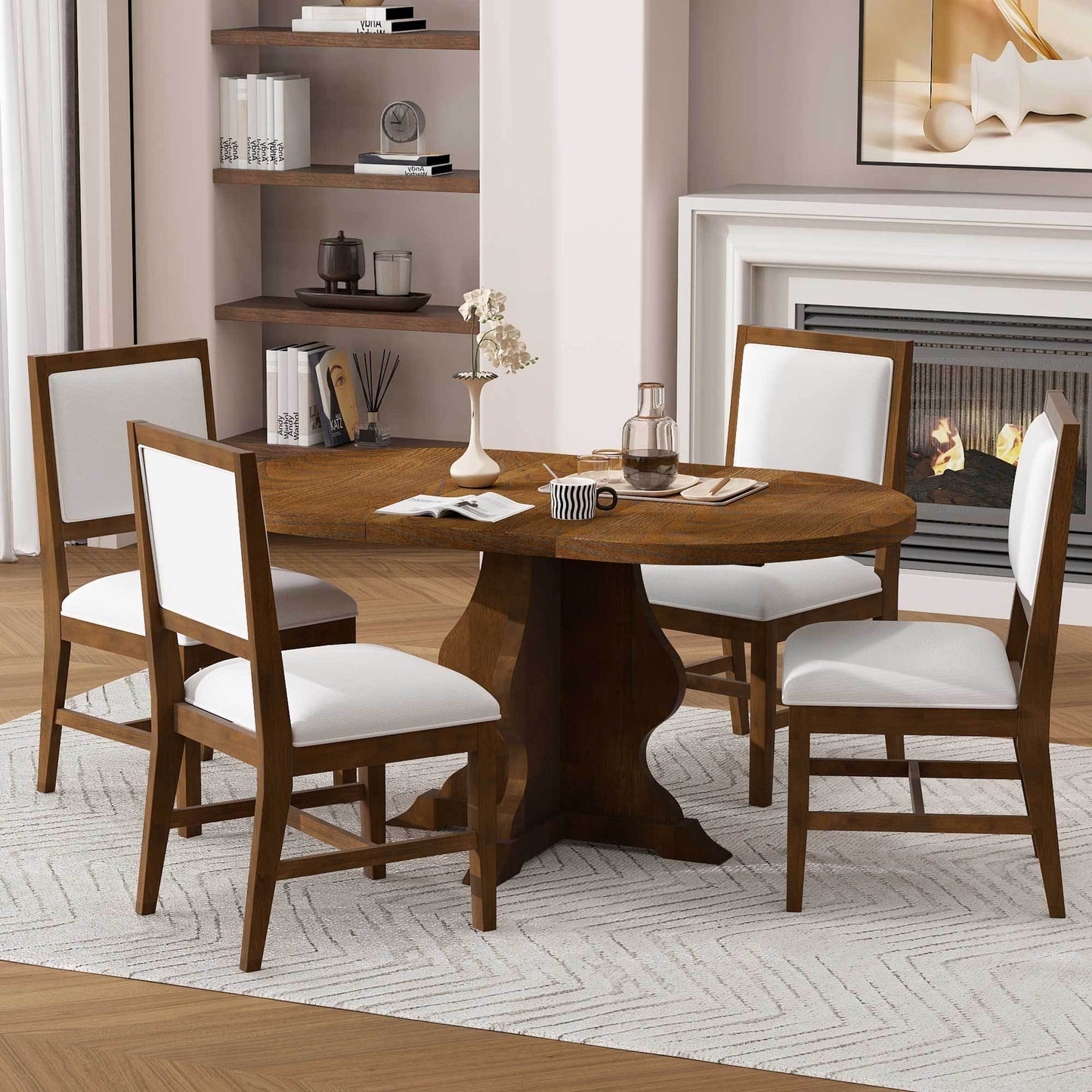 TREXM Farmhouse 5 - Piece Dining Table Set with 4 Upholstered Chairs, Wood Extendable Dining Table with 15.7' Leaf for Extra Seating for Dining Room, Kitchen and Living Room (Brown) - 1st Choice Furniture Direct