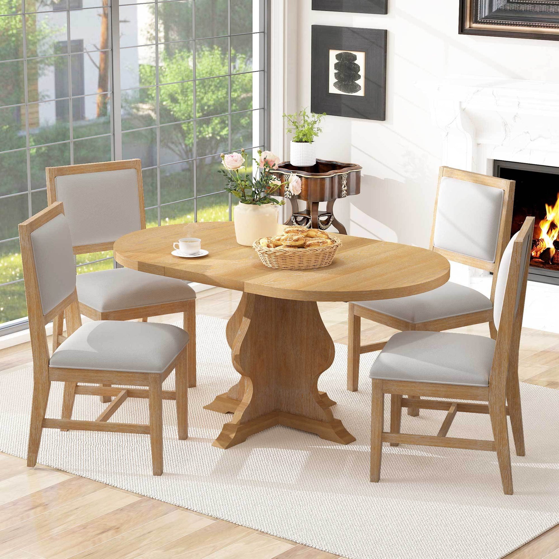 TREXM Farmhouse 5 - Piece Dining Table Set with 4 Upholstered Chairs, Wood Extendable Dining Table with 15.7' Leaf for Extra Seating for Dining Room, Kitchen and Living Room (Natural Wood Wash) - 1st Choice Furniture Direct