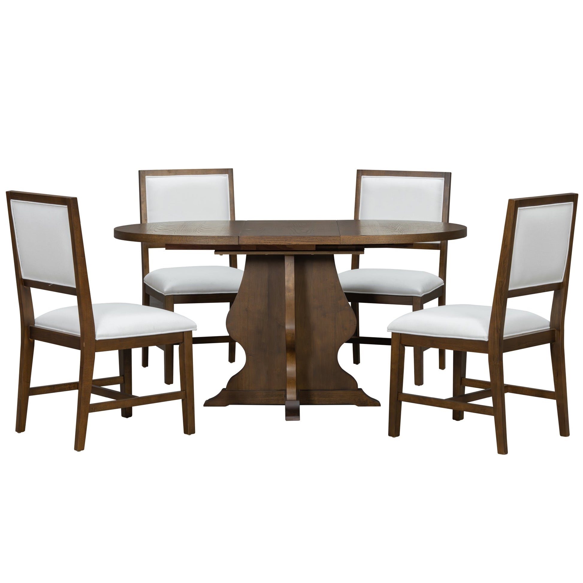 TREXM Farmhouse 5 - Piece Dining Table Set with 4 Upholstered Chairs, Wood Extendable Dining Table with 15.7' Leaf for Extra Seating for Dining Room, Kitchen and Living Room (Brown) - 1st Choice Furniture Direct