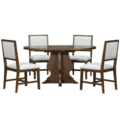 TREXM Farmhouse 5 - Piece Dining Table Set with 4 Upholstered Chairs, Wood Extendable Dining Table with 15.7' Leaf for Extra Seating for Dining Room, Kitchen and Living Room (Brown) - 1st Choice Furniture Direct