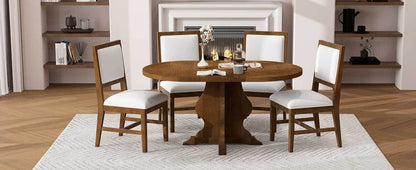 TREXM Farmhouse 5 - Piece Dining Table Set with 4 Upholstered Chairs, Wood Extendable Dining Table with 15.7' Leaf for Extra Seating for Dining Room, Kitchen and Living Room (Brown) - 1st Choice Furniture Direct
