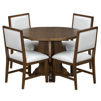 TREXM Farmhouse 5 - Piece Dining Table Set with 4 Upholstered Chairs, Wood Extendable Dining Table with 15.7' Leaf for Extra Seating for Dining Room, Kitchen and Living Room (Brown) - 1st Choice Furniture Direct