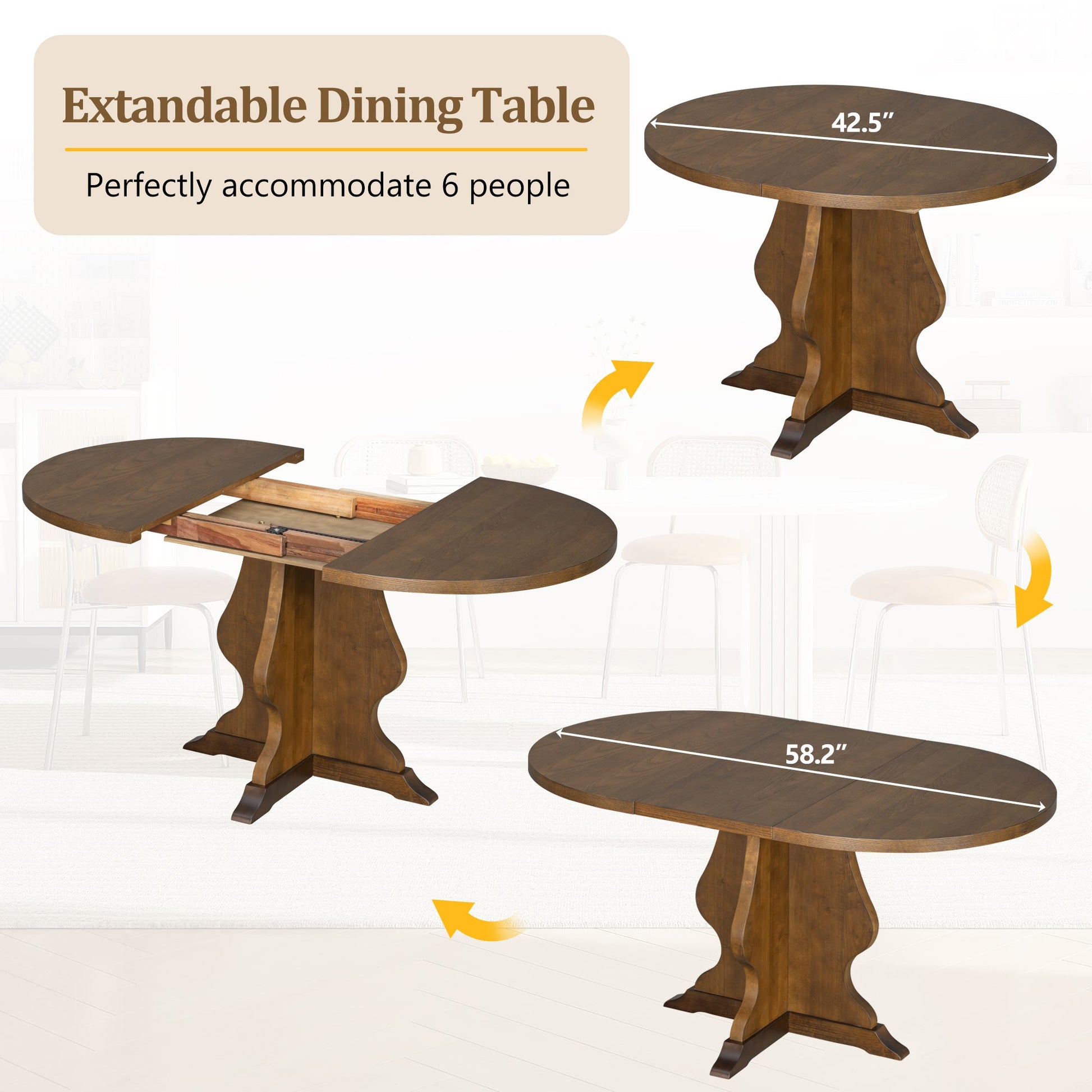 TREXM Farmhouse 5 - Piece Dining Table Set with 4 Upholstered Chairs, Wood Extendable Dining Table with 15.7' Leaf for Extra Seating for Dining Room, Kitchen and Living Room (Brown) - 1st Choice Furniture Direct
