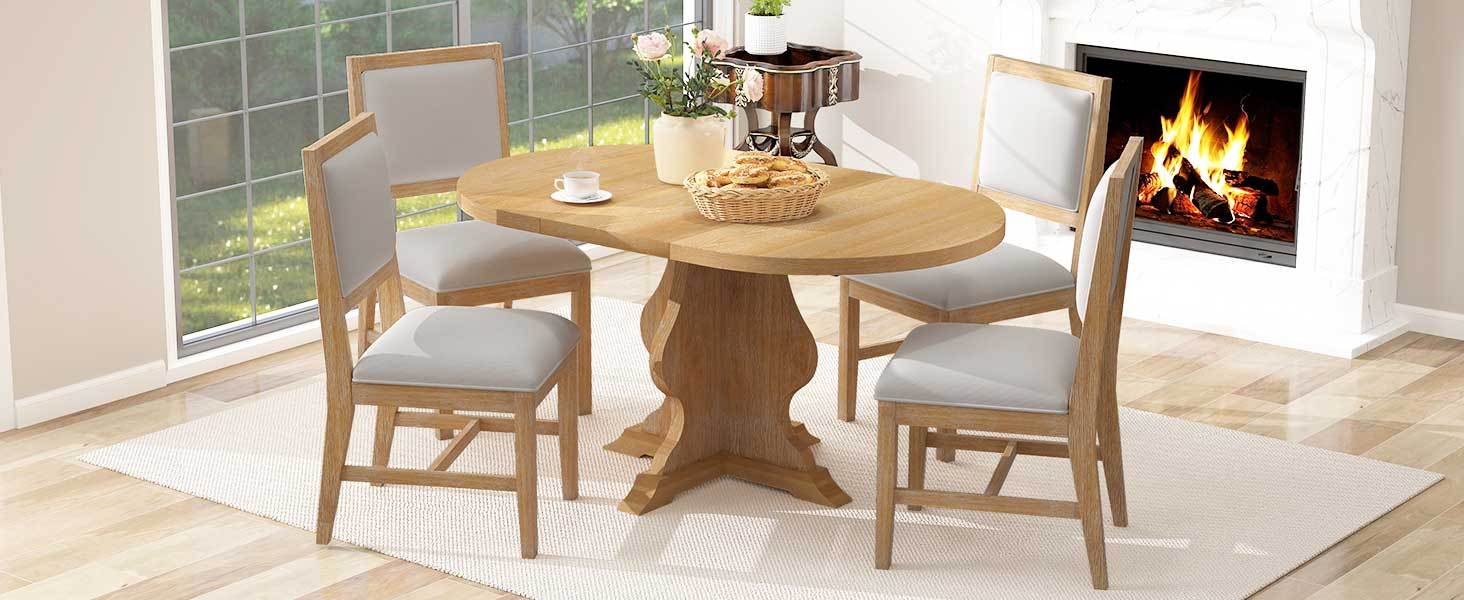 TREXM Farmhouse 5 - Piece Dining Table Set with 4 Upholstered Chairs, Wood Extendable Dining Table with 15.7' Leaf for Extra Seating for Dining Room, Kitchen and Living Room (Natural Wood Wash) - 1st Choice Furniture Direct